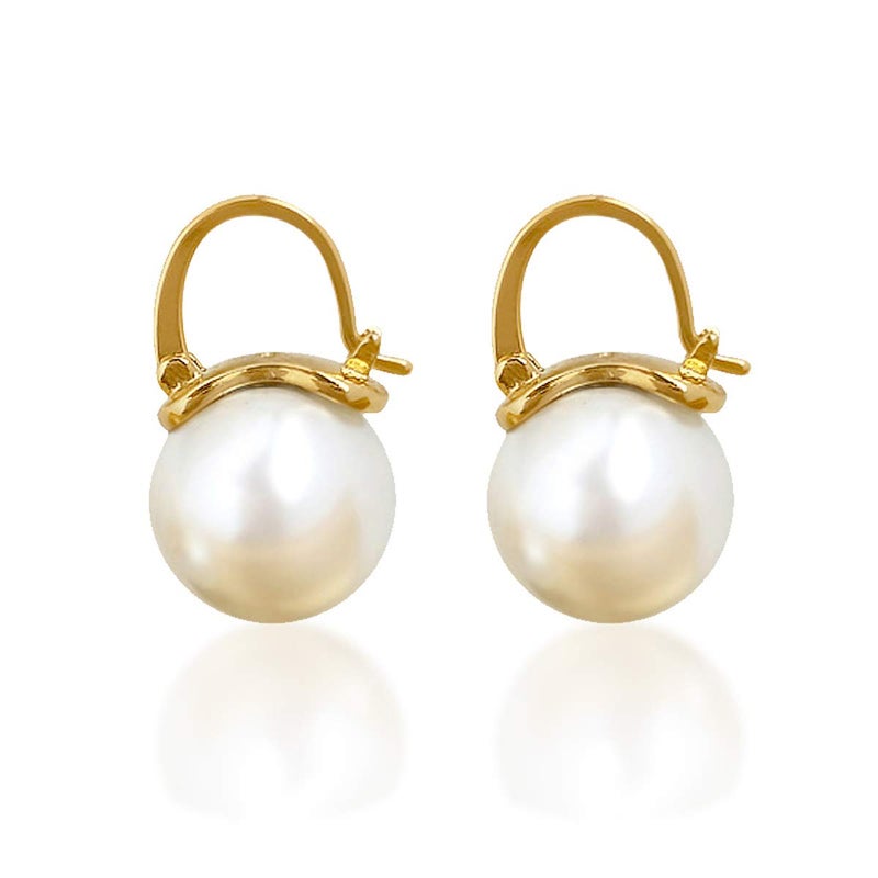 OwMell Elegant 925 Sterling Silver Pearl Drop Earrings Dangle Stud Gold Plated Earrings for Women Large Size 12mm - Gold - Image 1